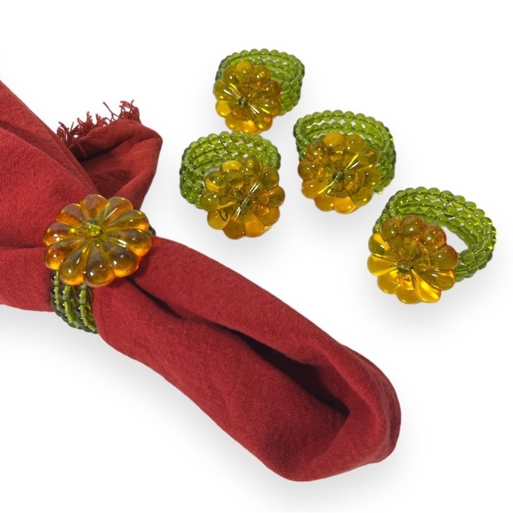 Glass Bead with Flower Daisy Napkin Ring Lot of 5 Orange Green Boho Tablescape